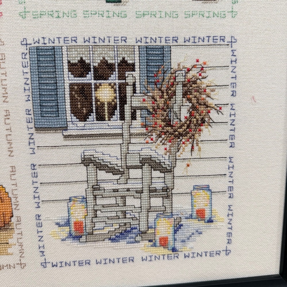 Vintage Four Seasons Cross Stitch Framed Wall Art Farmhouse Sampler - Picture 5 of 9